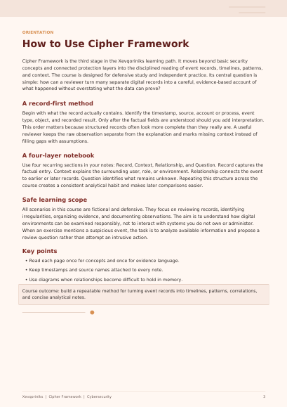 A page from a cybersecurity training manual titled 'How to Use Cipher Framework' with text sections, including orientation, key methods, and safe learning scope. The page has a white background with black text and a small blue logo at the bottom.