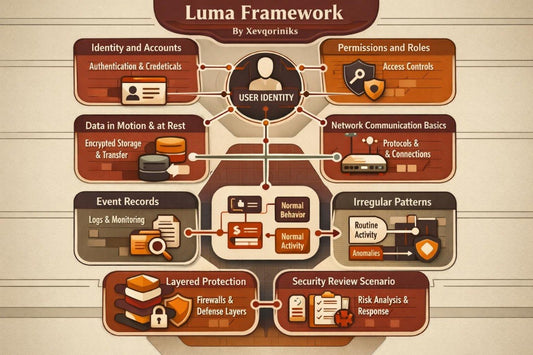 An infographic titled 'Luma Framework' by Xevqoriniks, displaying a diagram of cybersecurity concepts such as user identity, authentication, access controls, and security review scenarios in stylized brown and orange boxes connected by lines on a beige wood-textured background.