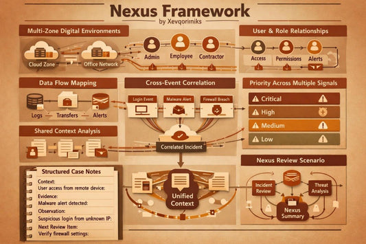 An infographic titled 'Nexus Framework' by Xeveorimics, presented on a warm tan background. It features a flowchart with brown, orange, and white elements illustrating concepts like multi-zone digital environments, user and role relationships, data flow mapping, cross-event correlation, and priority levels.