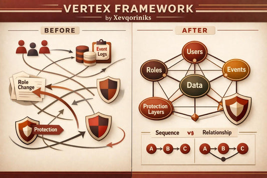 An educational infographic titled 'VERTEX FRAMEWORK by Xevqoriniks' comparing a 'BEFORE' state with an 'AFTER' state using vector graphics and diagrams on a beige background with brown accents.