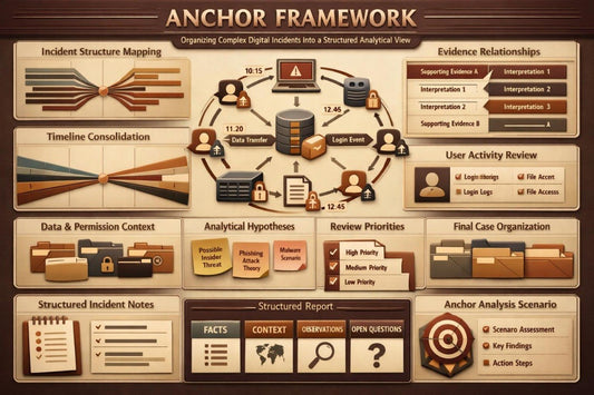 An infographic poster titled 'ANCHOR FRAMEWORK' with a brown and beige color scheme, displaying various sections for incident structure mapping, timeline consolidation, data and permission context, analytical hypotheses, review priorities, final case organization, structured incident notes, structured report, and anchor analysis scenario.