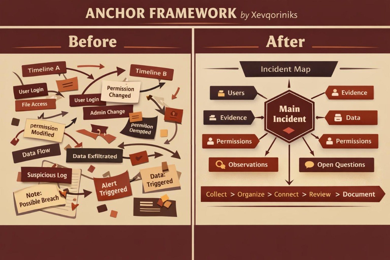 An infographic titled 'ANCHOR FRAMEWORK by Xevqoriniks' comparing a 'Before' security incident flowchart with an 'After' incident map. The design uses a dark brown and beige color palette with illustrative icons representing user logs, permissions, and data flow.