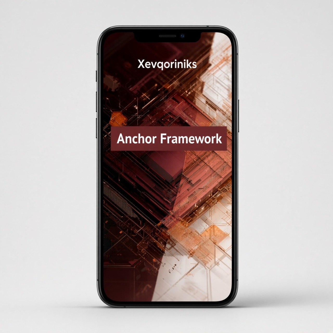 A black smartphone centered on a light gray background, displaying a digital interface with the text 'Xevqoriniks' and 'Anchor Framework' over an abstract red, orange, and dark brown geometric design.