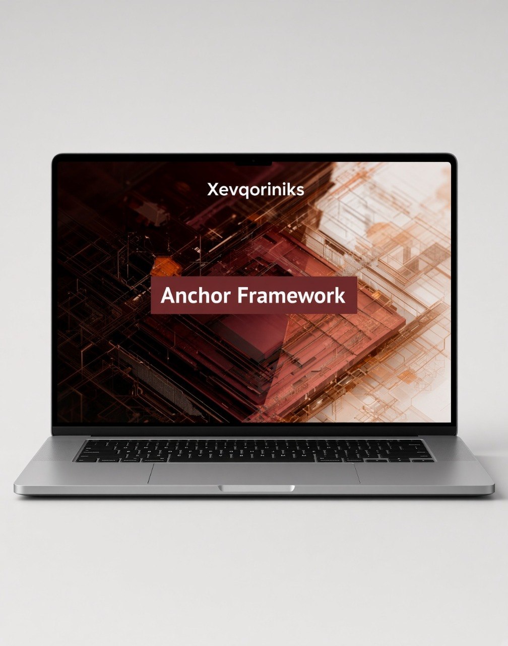 A silver laptop on a light gray background displaying a presentation slide titled 'Xevqoriniks Anchor Framework' with a dark abstract tech graphic on the screen.
