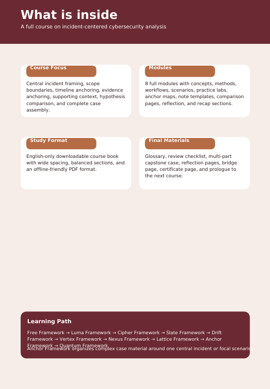An infographic-style 'What is inside' page for a cybersecurity analysis course, with text blocks describing course focus, modules, study format, final materials, and learning path on a light gray background.