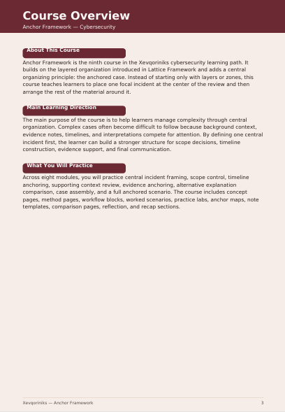 A digital document page titled 'Course Overview' for 'Anchor Framework' from Xenova Labs, featuring a dark maroon header and white background with black text detailing the course structure and learning objectives.