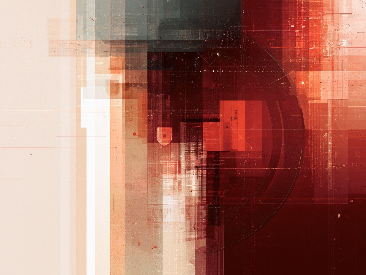 Abstract digital graphic featuring a modern geometric design with overlapping translucent rectangles, a large semi-circular element, and fine grid lines in deep red, terracotta, orange, and cream tones.