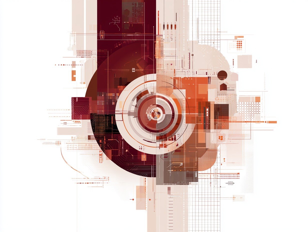 Abstract digital graphic featuring concentric circles, geometric shapes, and technical schematic elements in shades of rust red, terracotta, and cream on a white background.