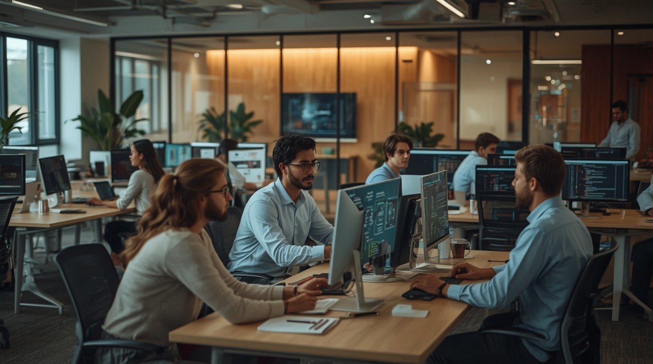 A modern office workspace with several people collaborating around computer monitors at wooden desks, with warm lighting and glass partitions in the background.