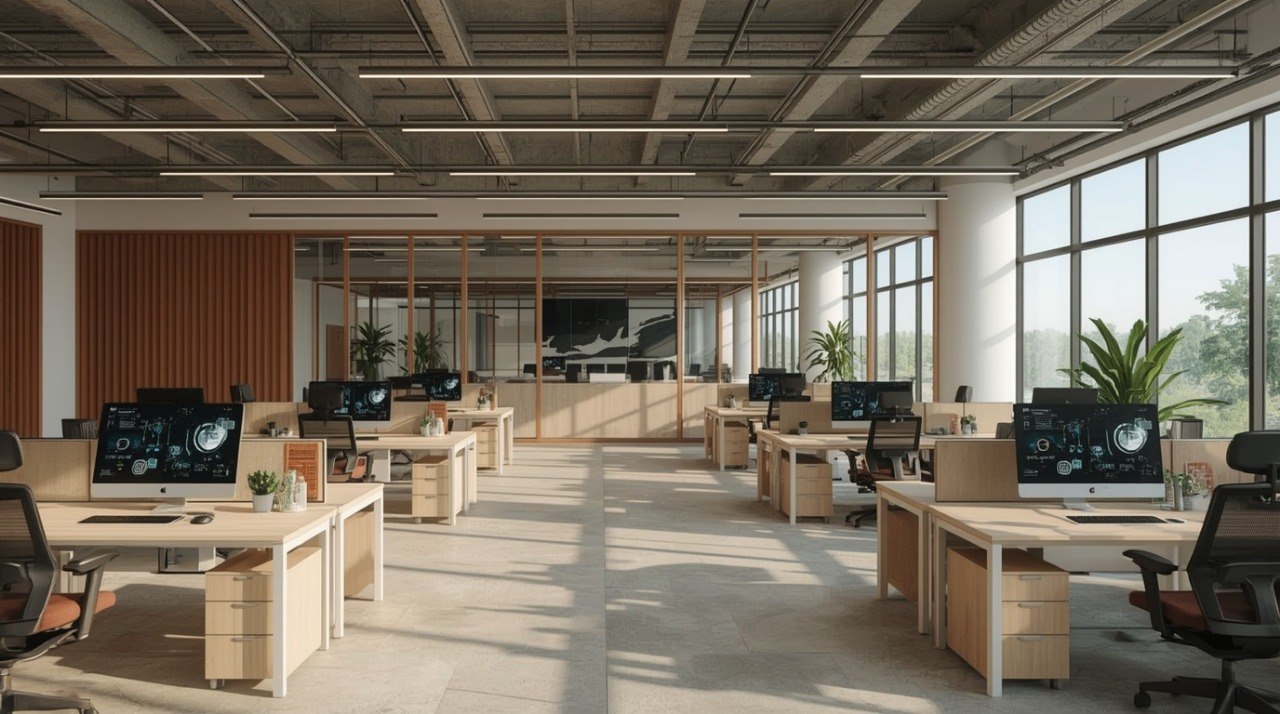 A modern, sunlit open-plan office with light wood desks, black office chairs, computer monitors, large windows, and a high ceiling with exposed industrial ductwork.