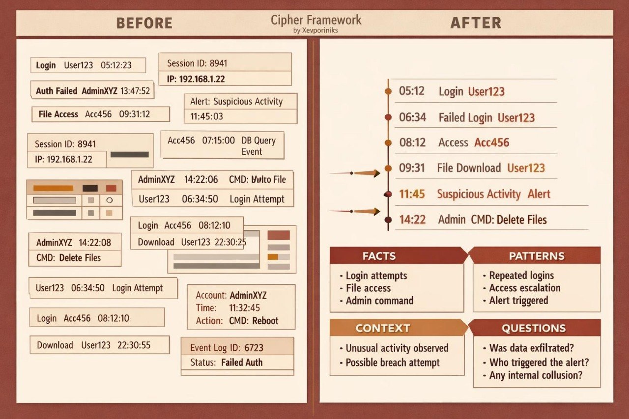 A digital infographic titled 'Cyber Framework' comparing 'Before' and 'After' states of a login and file access breach. The left 'Before' column shows login attempts for User123 and User1234, failed logins, and file access logs.