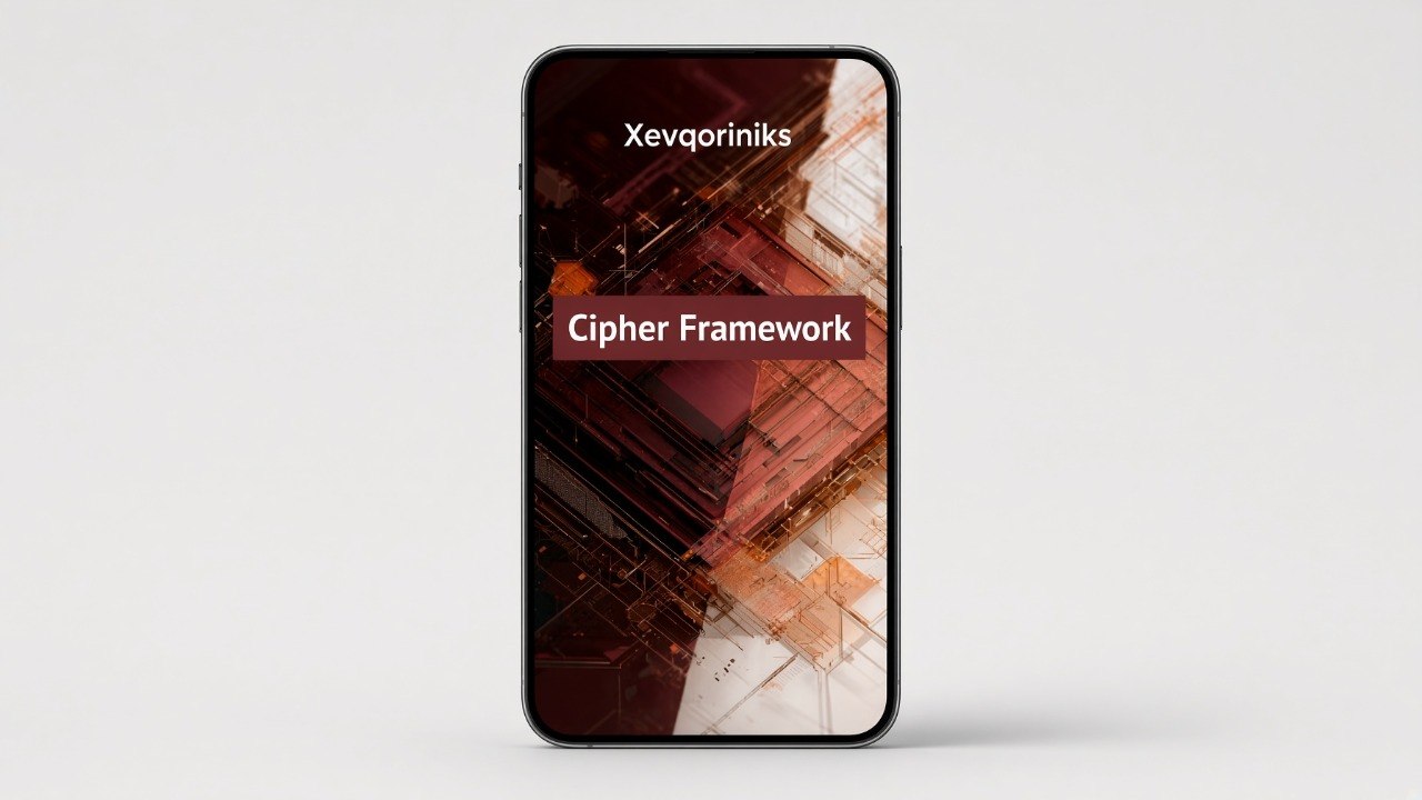 A smartphone centered on a light gray background, displaying a digital cover with the text 'Xevqoriniks' and 'Cipher Framework' over an abstract dark red, black, and orange geometric design.