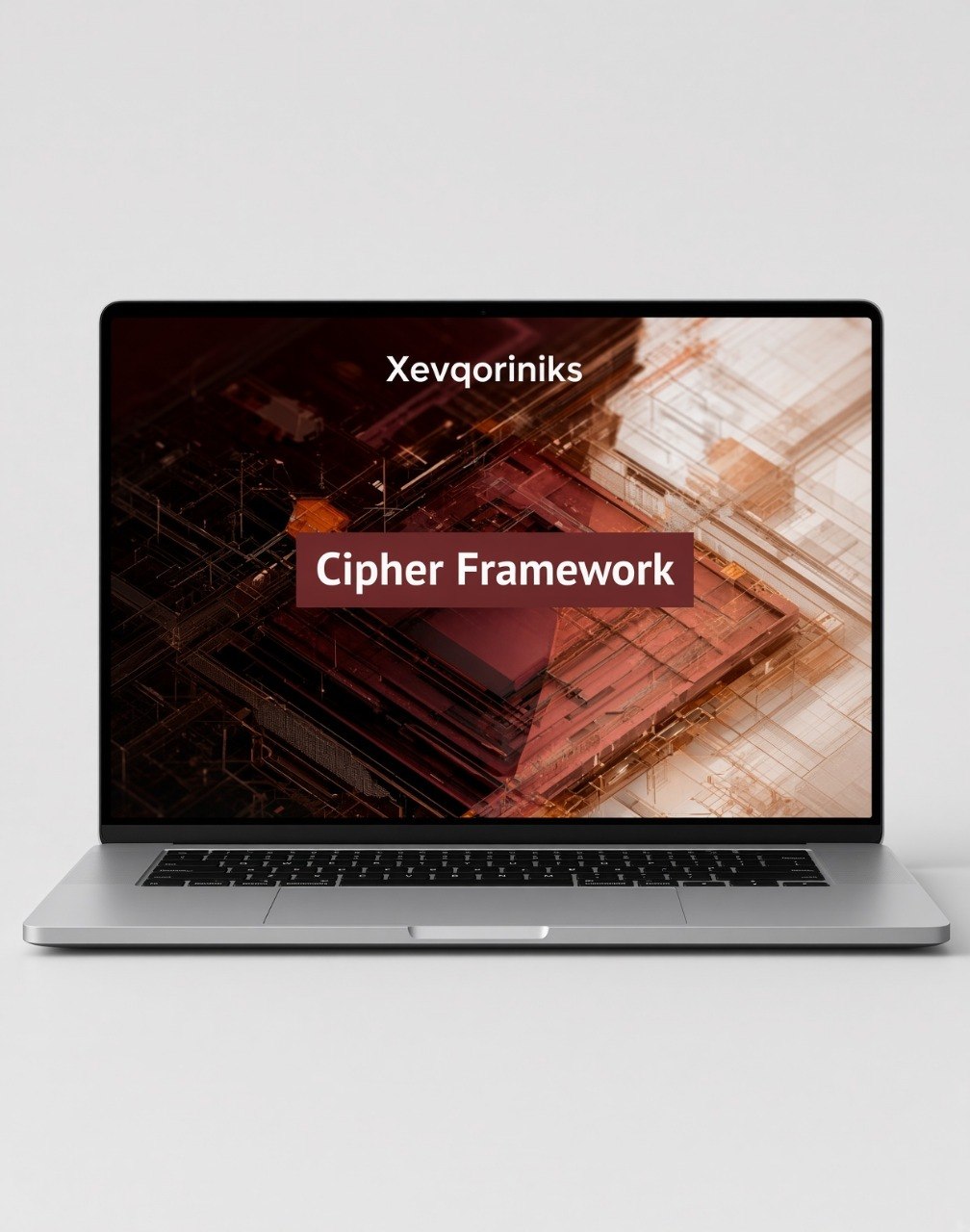 A silver laptop on a light gray background displaying a presentation slide titled 'Xevqoriniks Cipher Framework' over a dark abstract graphic.