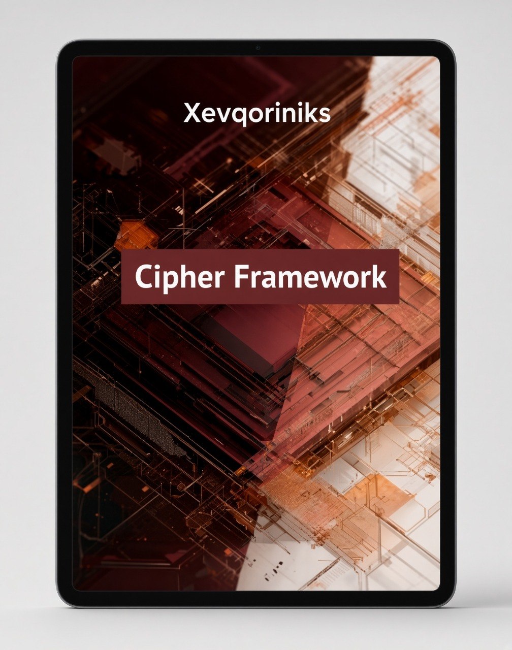 A tablet device displaying a digital cover for 'Xevqoriniks Cipher Framework' against a clean light gray background.