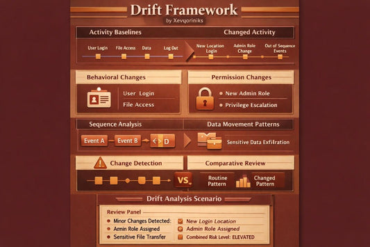 A digital screenshot of a software interface titled 'Drift Framework' by Xenvorinks, displaying various dashboard panels for activity baselines, behavioral changes, sequence analysis, and drift analysis scenarios on a dark reddish-brown background.