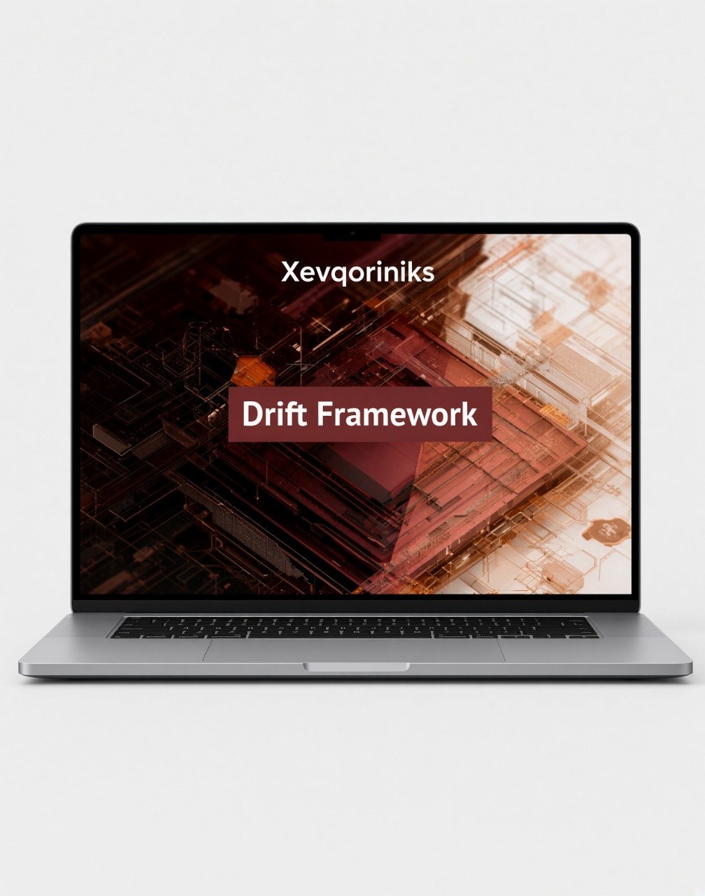 A silver laptop on a light gray background, displaying a presentation slide titled 'Xevqoriniks Drift Framework' on its screen.