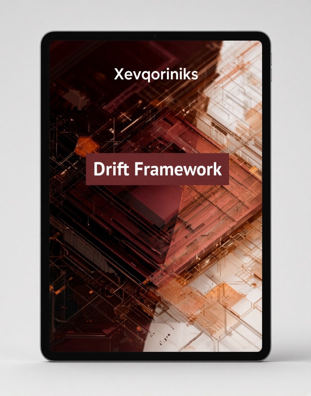 A tablet device displaying a cover design for 'Drift Framework' by Xevqoriniks, set against a clean light gray background.