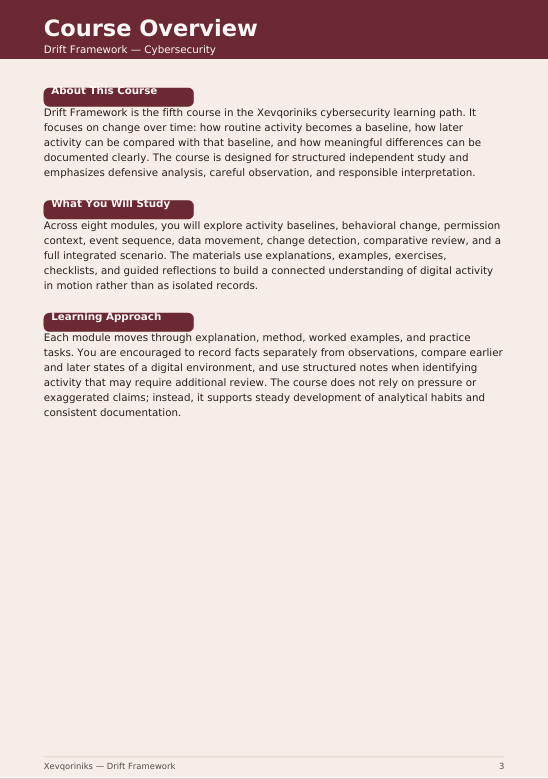 A digital course overview page for Xeevorkins Cybersecurity's Drift Framework, featuring a dark maroon header and light beige text blocks on a white background.