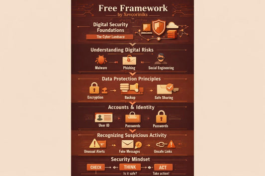 An educational infographic poster titled 'Free Framework by Xevovlinkz' about digital security foundations, presented on a dark brown background with various digital security icons and text.
