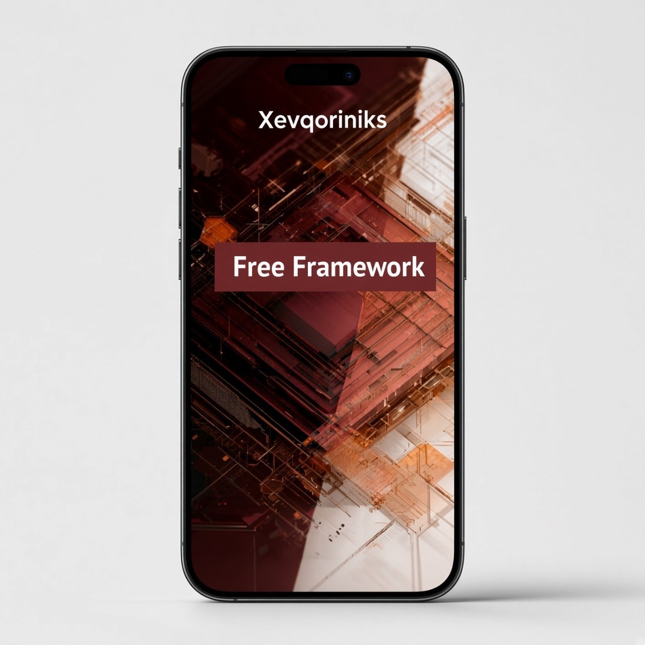 A smartphone centered on a light gray background, displaying a dark abstract wallpaper with the text 'Xevqoriniks' and a red banner reading 'Free Framework'.