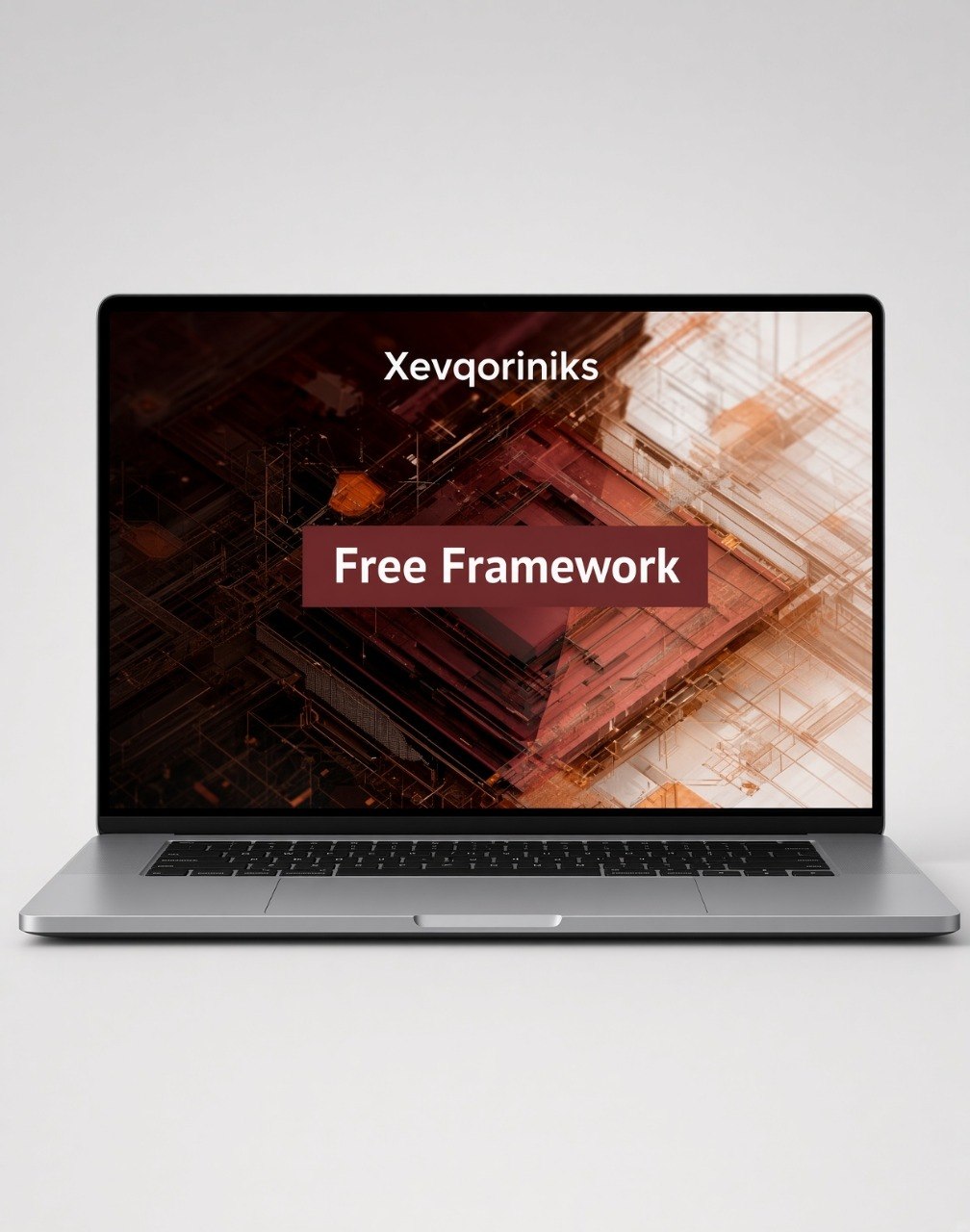 A silver laptop on a light gray background displaying a promotional graphic with the text 'Xevqoriniks' and 'Free Framework' on the screen.