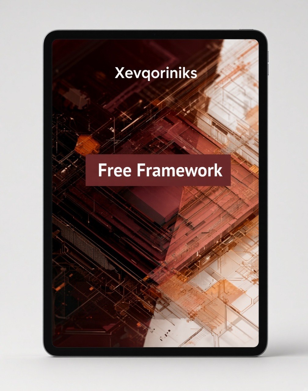 A tablet device shown from the front on a light gray background, displaying a cover design with the text 'Xevqoriniks' and 'Free Framework' over an abstract dark red, brown, and white geometric pattern.