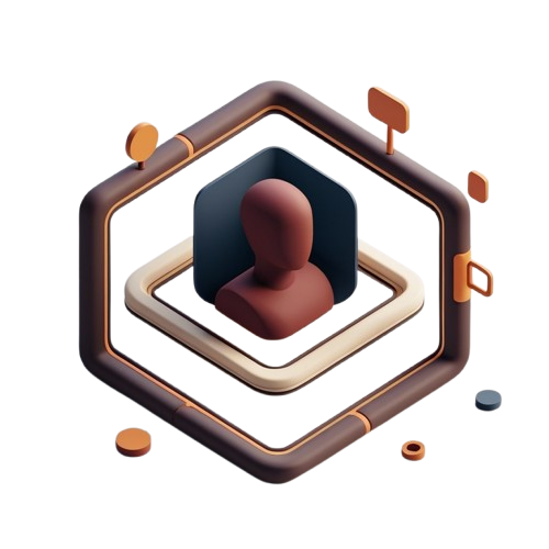 A stylized 3D icon of a person inside a hexagonal frame, rendered in warm brown, beige, and dark gray tones on a plain white background.