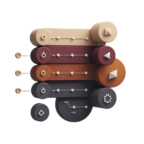 A 3D isometric infographic or flowchart illustration featuring stacked horizontal bars in beige, burgundy, terracotta, dark gray, and charcoal, with small icons, arrows, and timeline markers on a plain white background.