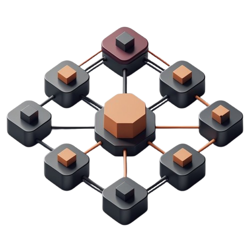A 3D isometric digital illustration of a network or hub-and-spoke system, featuring a central copper-colored octagonal server connected to eight surrounding dark gray square nodes with small copper cubes on top, all linked by thin copper lines on a white background.