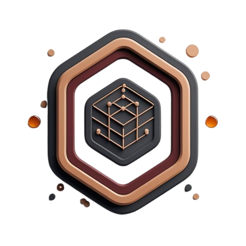 A 3D geometric hexagonal logo or emblem featuring concentric rings in black, dark brown, bronze, and copper, with a central wireframe cube structure on a plain white background.