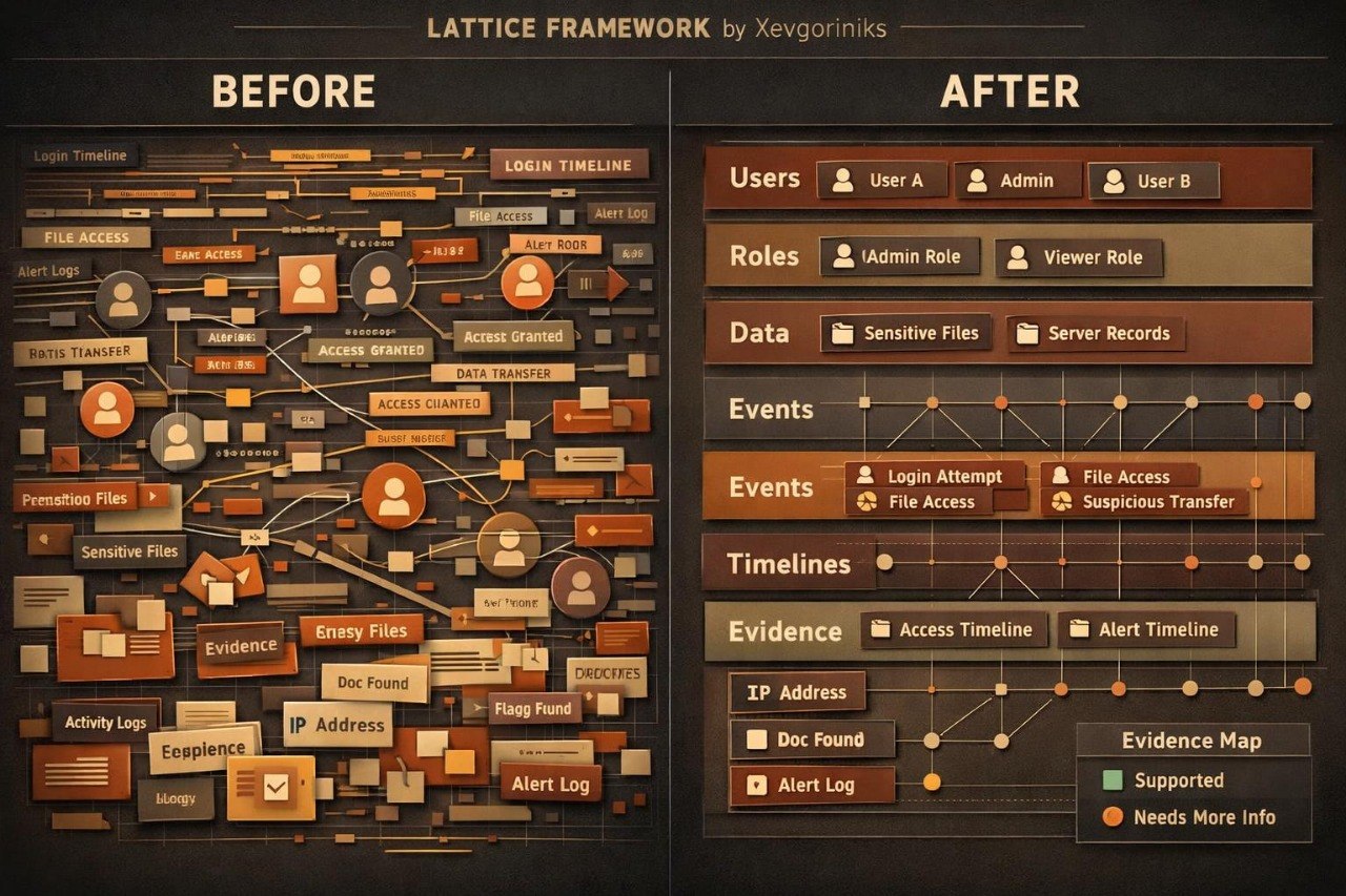 A digital infographic comparing a 'Before' and 'After' state of a lattice framework, likely for a database or security system. The left 'Before' section features a complex web of connected nodes and lines in muted orange, brown, and gray tones, illustrating a detailed system flow.