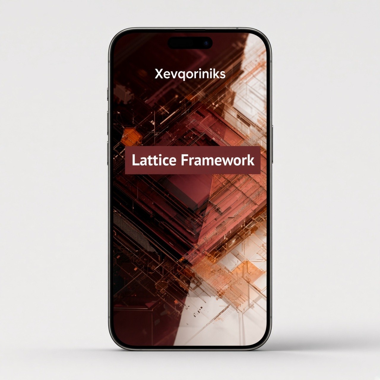 A smartphone centered on a light gray background, displaying a dark abstract geometric screen with the text 'Xevqoriniks' and 'Lattice Framework'.