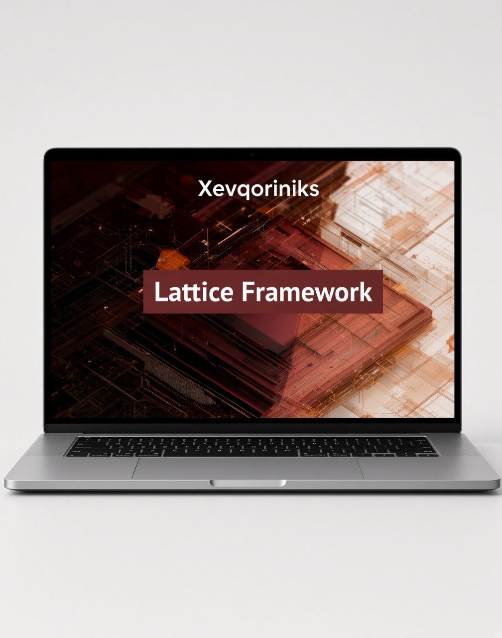 A silver laptop on a light gray background displaying a presentation slide titled 'Xevqoriniks Lattice Framework' on its screen.