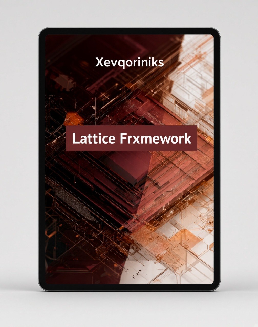 A digital cover for 'Lattice Frxmework' by Xevqoriniks, displayed on a black tablet mockup against a light gray background.
