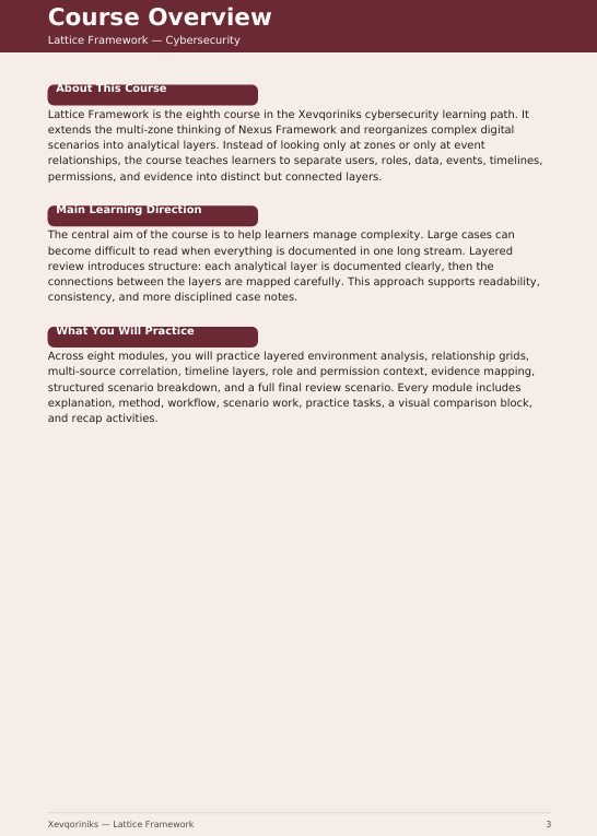 A digital document page titled 'Course Overview' for 'Lattice Framework - Cybersecurity' on a white background with a dark red header. The page contains text detailing the course objectives, main learning direction, and what students will practice, with Xeponexins branding at the bottom.