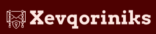 A dark red banner or label featuring the word 'Xevqoriniks' in large white serif lettering alongside a small white graphic emblem on the left.