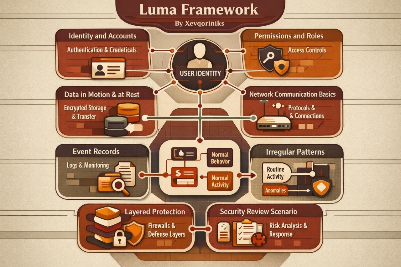 An infographic titled 'Luma Framework' by Xevqoriniks, displaying a diagram of cybersecurity concepts such as user identity, authentication, access controls, and security review scenarios in stylized brown and orange boxes connected by lines on a beige wood-textured background.