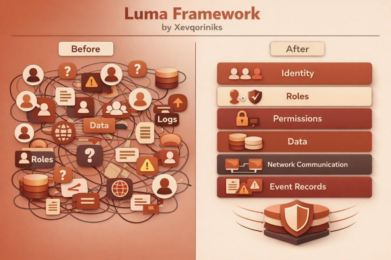 A digital infographic titled 'Luma Framework by Xevqoriniks' showing a 'Before' state with a tangled web of icons for users, data, logs, and roles, and an 'After' state with a clean vertical list of Identity, Roles, Permissions, Data, Network Communication, and Event Records on a peach background.