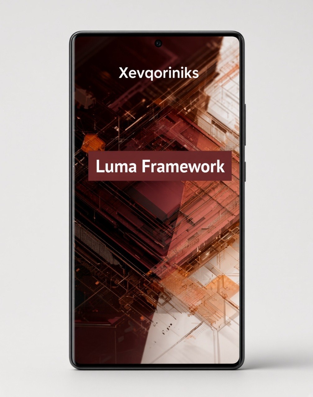 A smartphone shown from the front on a light gray background, displaying a dark abstract interface with the text 'Xevqoriniks' and 'Luma Framework'.