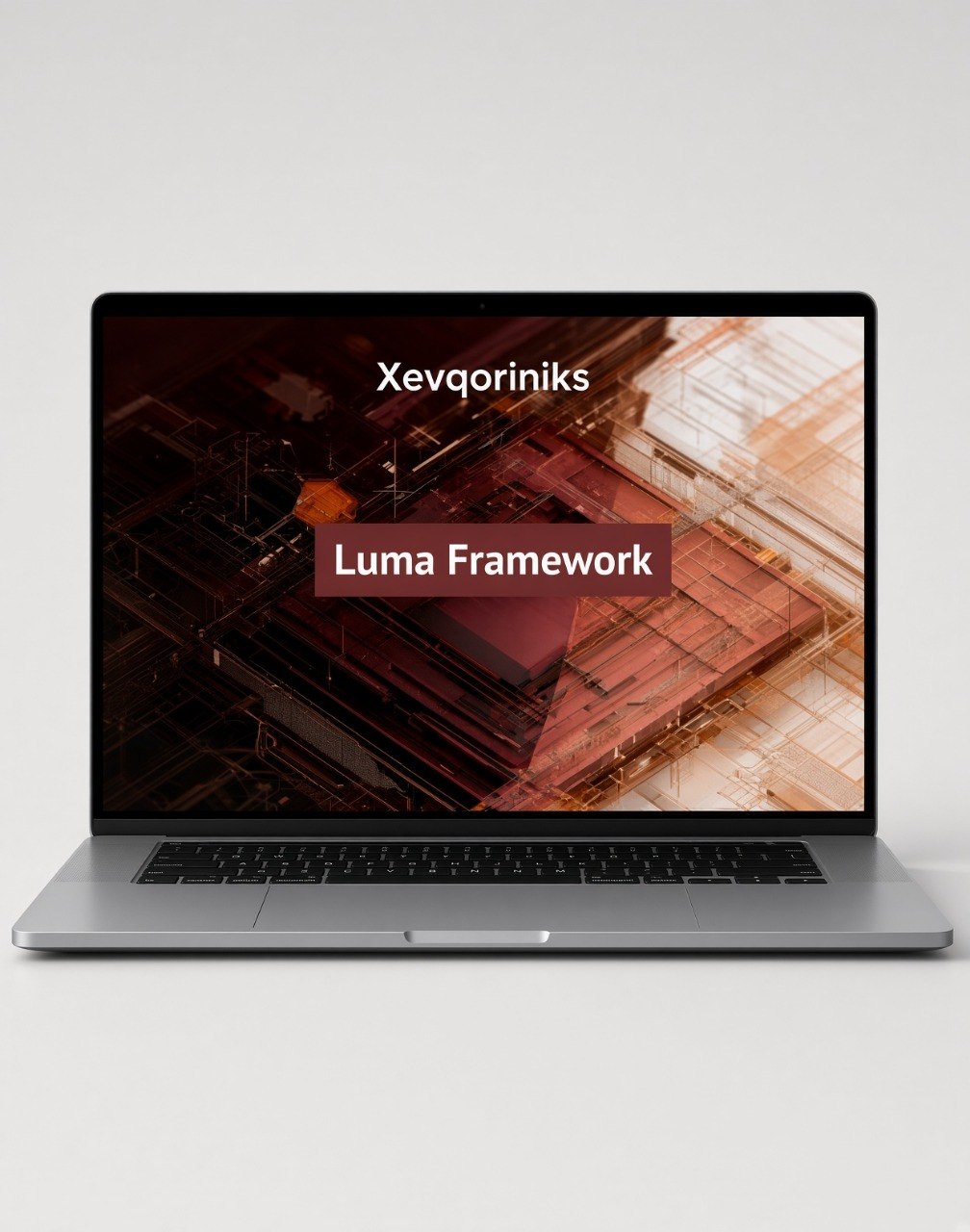 A silver laptop on a light gray background displaying a presentation slide titled 'Xevqoriniks' and 'Luma Framework' on its screen.