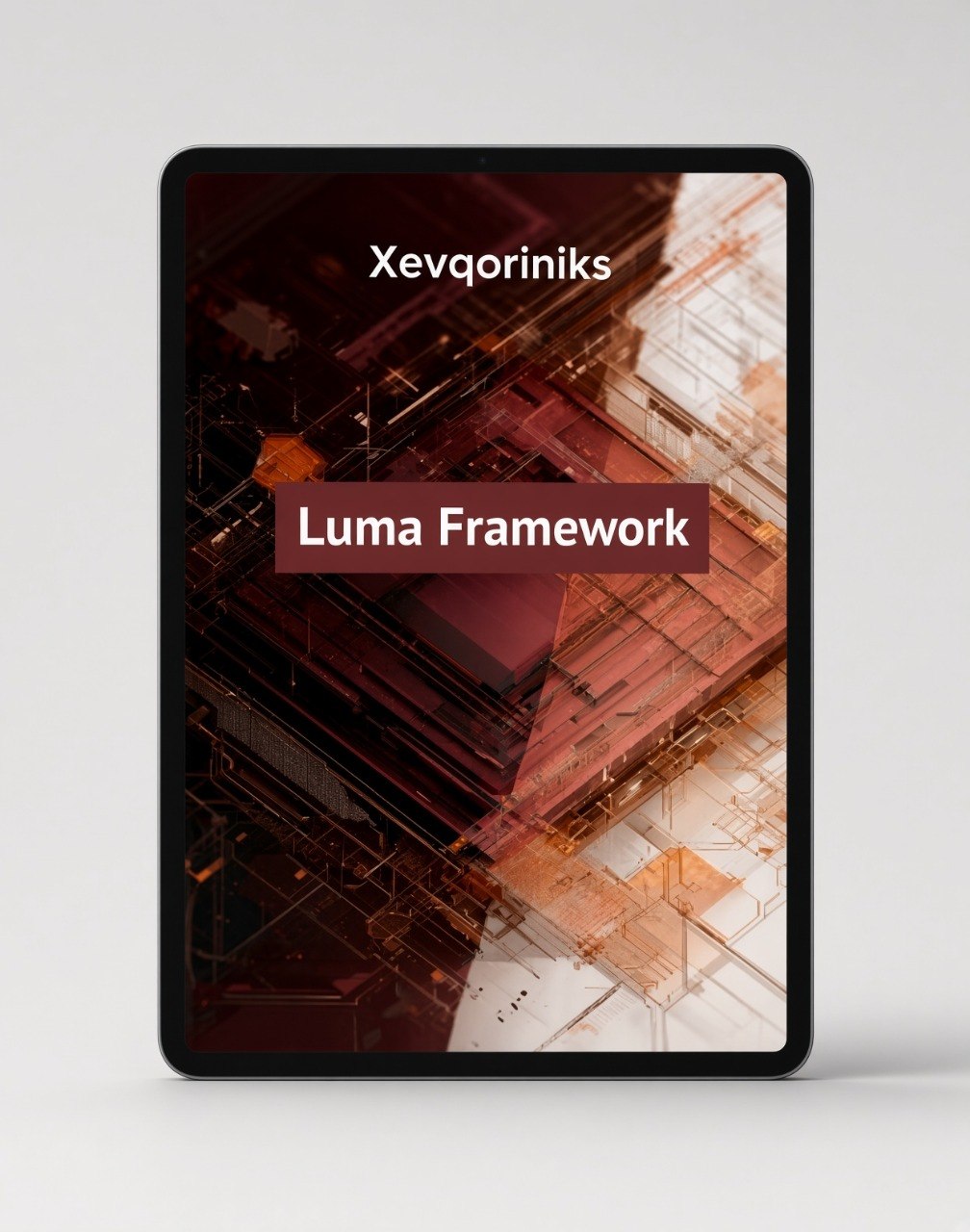 A black tablet or monitor displaying a cover design for 'Luma Framework' by Xevqoriniks, set against a clean light gray background.