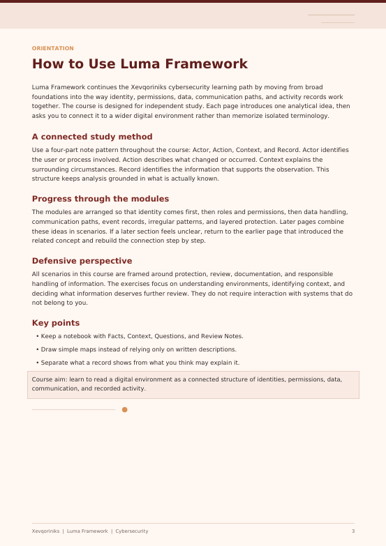A single-page educational document titled 'How to Use Luma Framework' with black text on a white page, including sections on orientation, a connected study method, progress through the modules, defensive perspective, key points, and a footer with 'Xpenize | Luma Framework | Cybersecurity'.