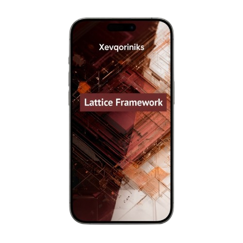 A smartphone centered on a light gray background, displaying the text 'Xevqoriniks' and 'Lattice Framework' over an abstract red, orange, and dark geometric wallpaper.