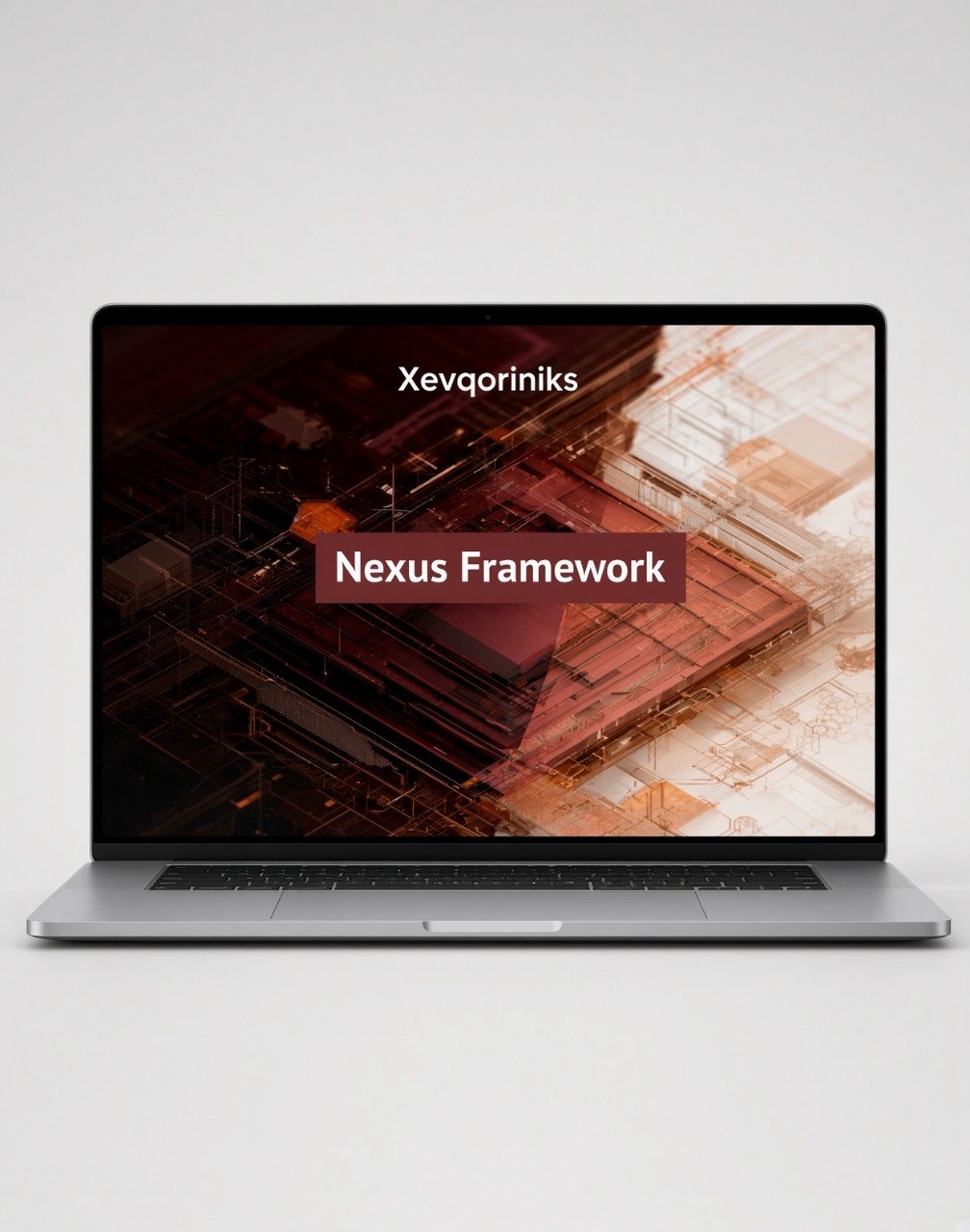 A silver laptop on a light gray background displaying a presentation slide titled 'Nexus Framework' by 'Xevqoriniks' on its screen.