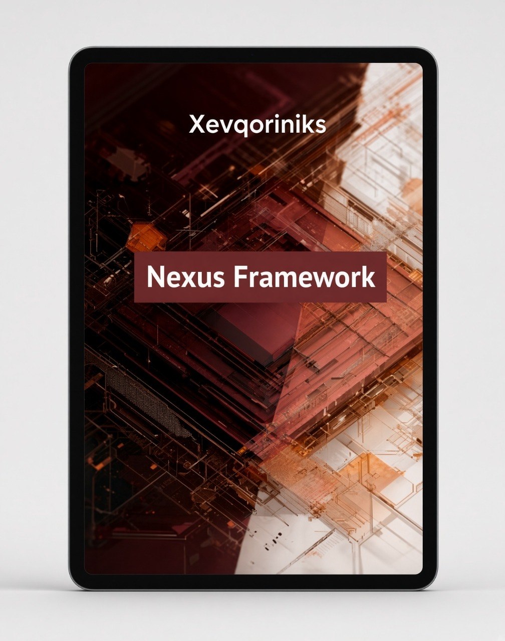 A tablet device displaying a cover design for 'Nexus Framework' by Xevqoriniks, set against a clean white background.