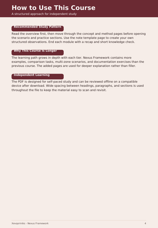 A digital page titled 'How to Use This Course' with a dark maroon header and body of text explaining how to study a course using the Nexus Framework. The page includes a recommended study pattern, why this course is longer, and independent learning sections.