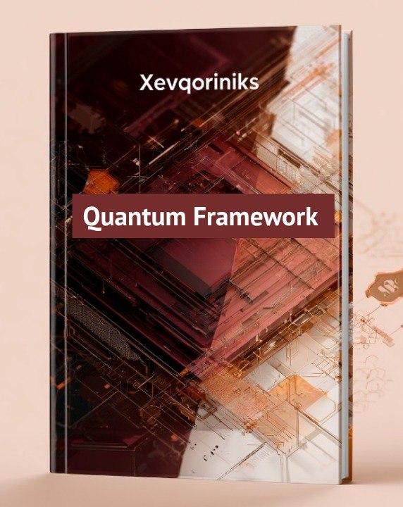 A book or booklet titled 'Quantum Framework' by Xevqoriniks, shown standing upright against a warm beige background. The cover features an abstract geometric design in dark red, brown, and white, with a prominent dark red title banner.