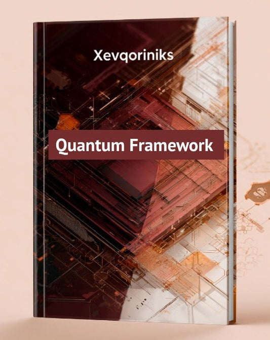 A book or booklet titled 'Quantum Framework' by Xevqoriniks, shown standing upright against a warm beige background. The cover features an abstract geometric design in dark red, brown, and white, with a prominent dark red title banner.
