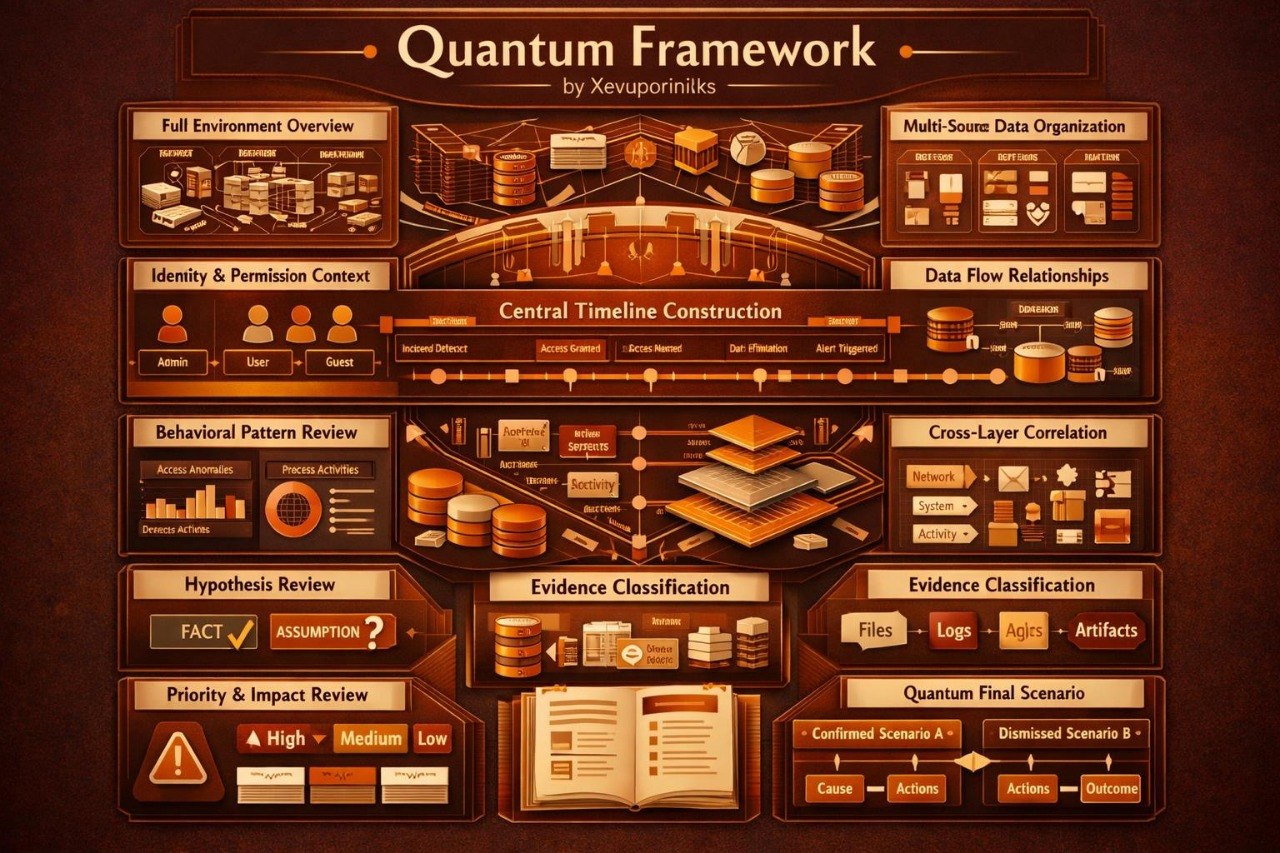 A stylized infographic poster titled 'Quantum Framework' by Xenuormatics, presented in a dark brown and copper-orange color scheme. The diagram outlines various stages and components of a quantum computing or data analysis framework, including 'Full Environment Overview', 'Central Timeline Construction', 'Behavioral Pattern Review', and 'Hypothesis Review'.