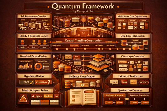 A stylized infographic poster titled 'Quantum Framework' by Xenuormatics, presented in a dark brown and copper-orange color scheme. The diagram outlines various stages and components of a quantum computing or data analysis framework, including 'Full Environment Overview', 'Central Timeline Construction', 'Behavioral Pattern Review', and 'Hypothesis Review'.